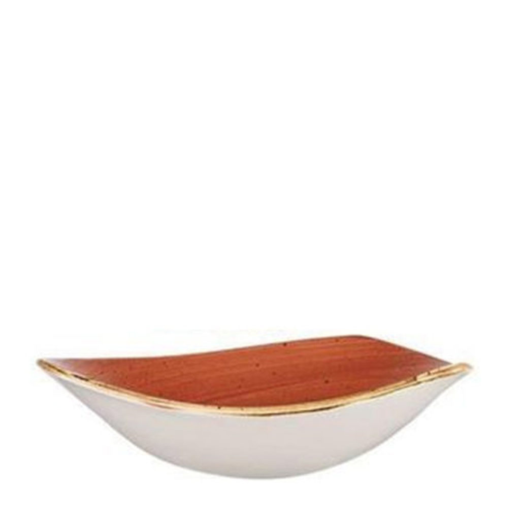 Side view of Churchill’s Stonecast triangle bowl 185mm in spiced orange.