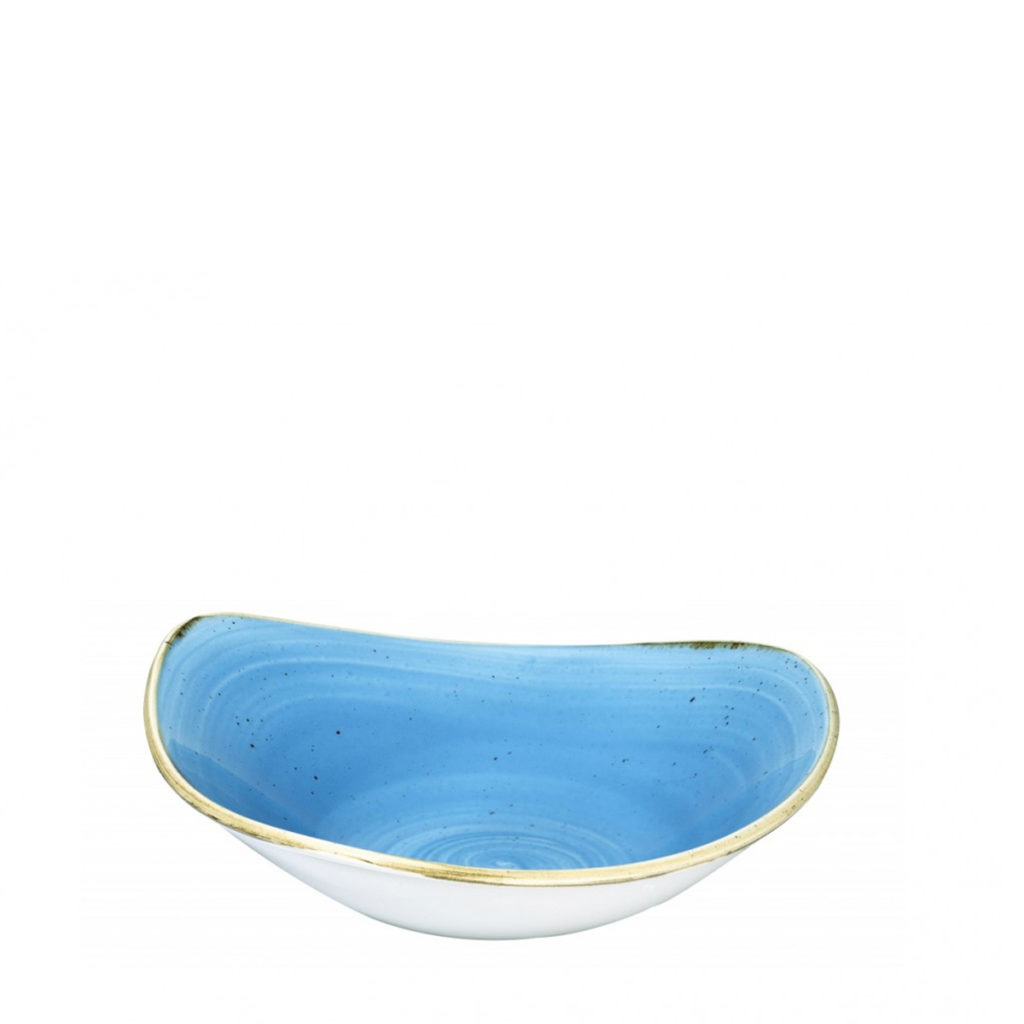 Side view of Churchill’s Stonecast triangle bowl 153mm in corn flower blue.
