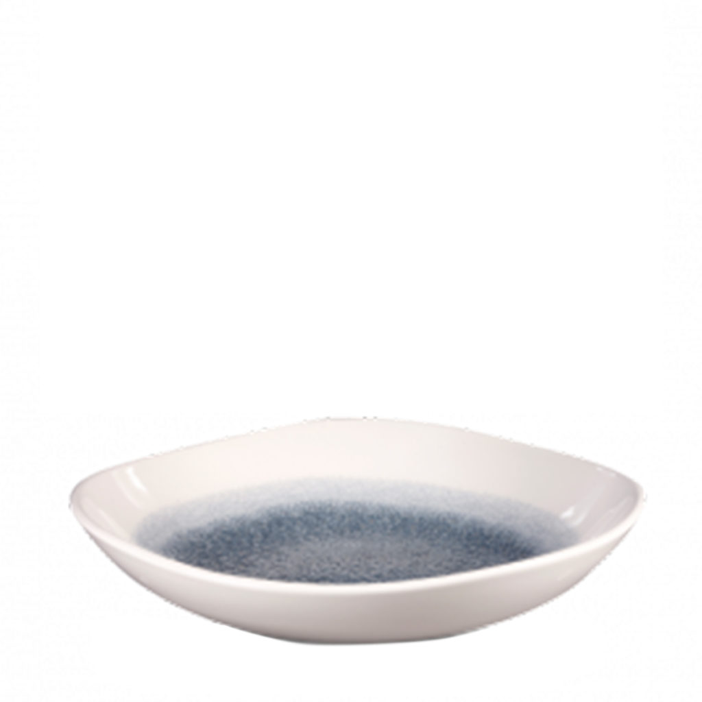 Side view of Churchill’s organic round bowl in Topaz blue.