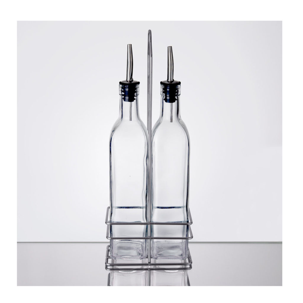 2 empty olive oil bottles with metal pourers.