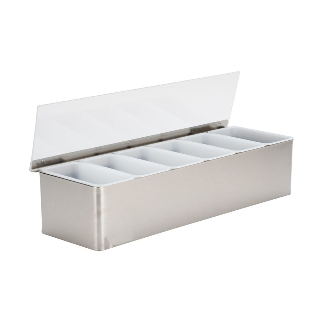 A stainless steel 6-compartment condiment caddy opened.