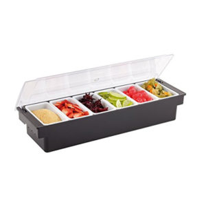 A deluxe 6-compartment condiment caddy in use.