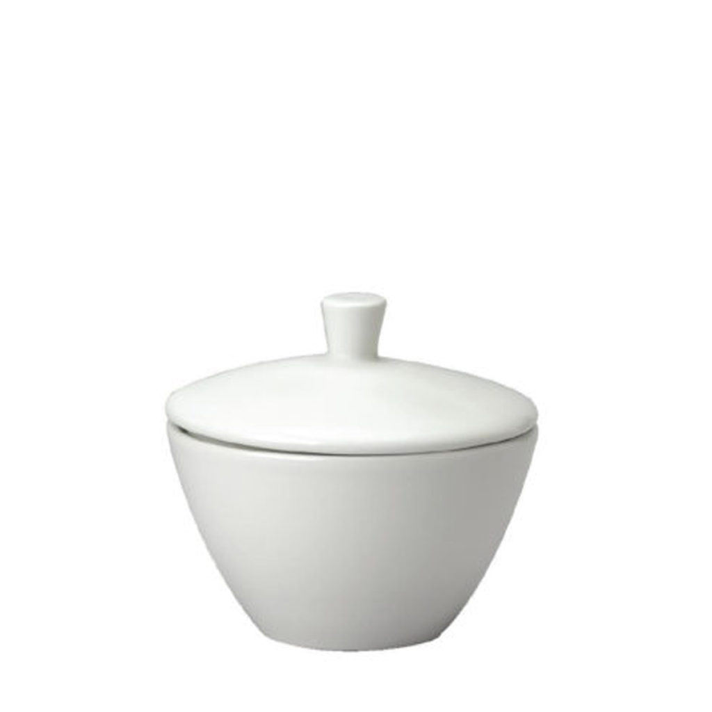 A white, open sugar bowl with a lid by Churchill.