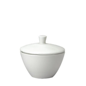 A white, open sugar bowl with a lid by Churchill.