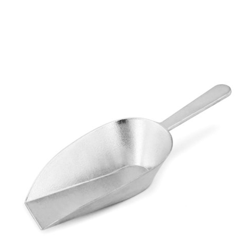 A flat base aluminium scoop.