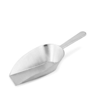 A flat base aluminium scoop.