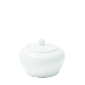 A white curved sugar bowl with lid by Fortis.