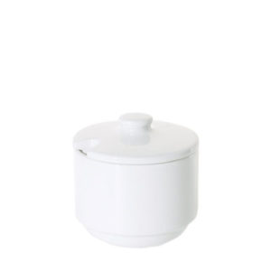 A white straight sugar bowl with lid by Fortis.