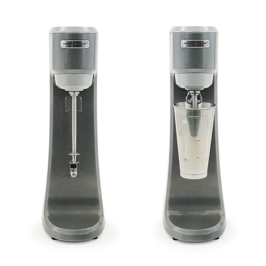 Front view of the Hamilton Beach milkshake mixer with and without a cup.