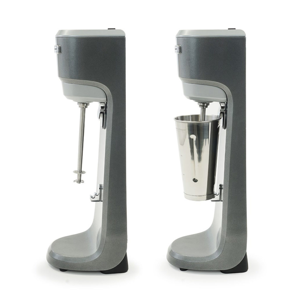 Side profile of the Hamilton Beach milkshake mixer with and without a cup.