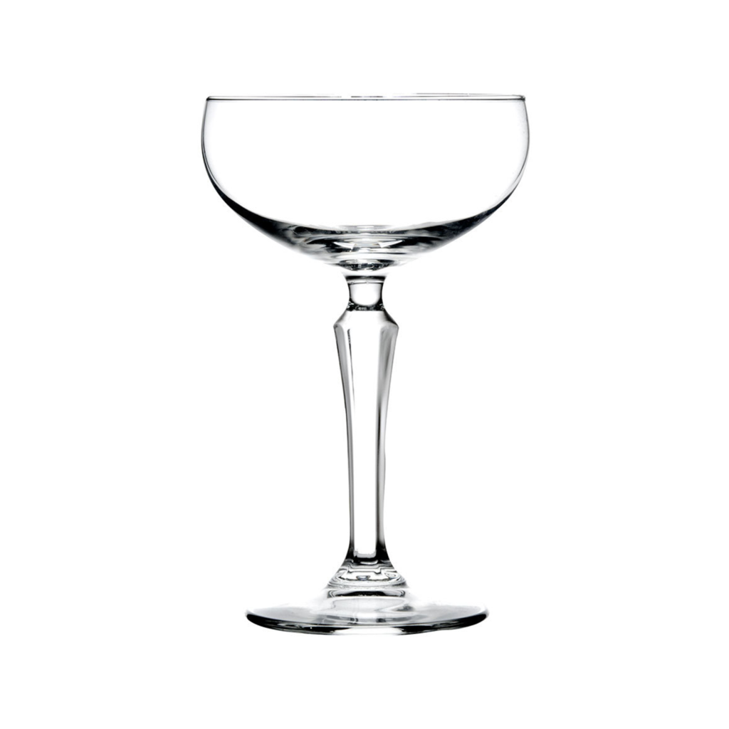 Clear SPKSY coupe glass by Libbey.