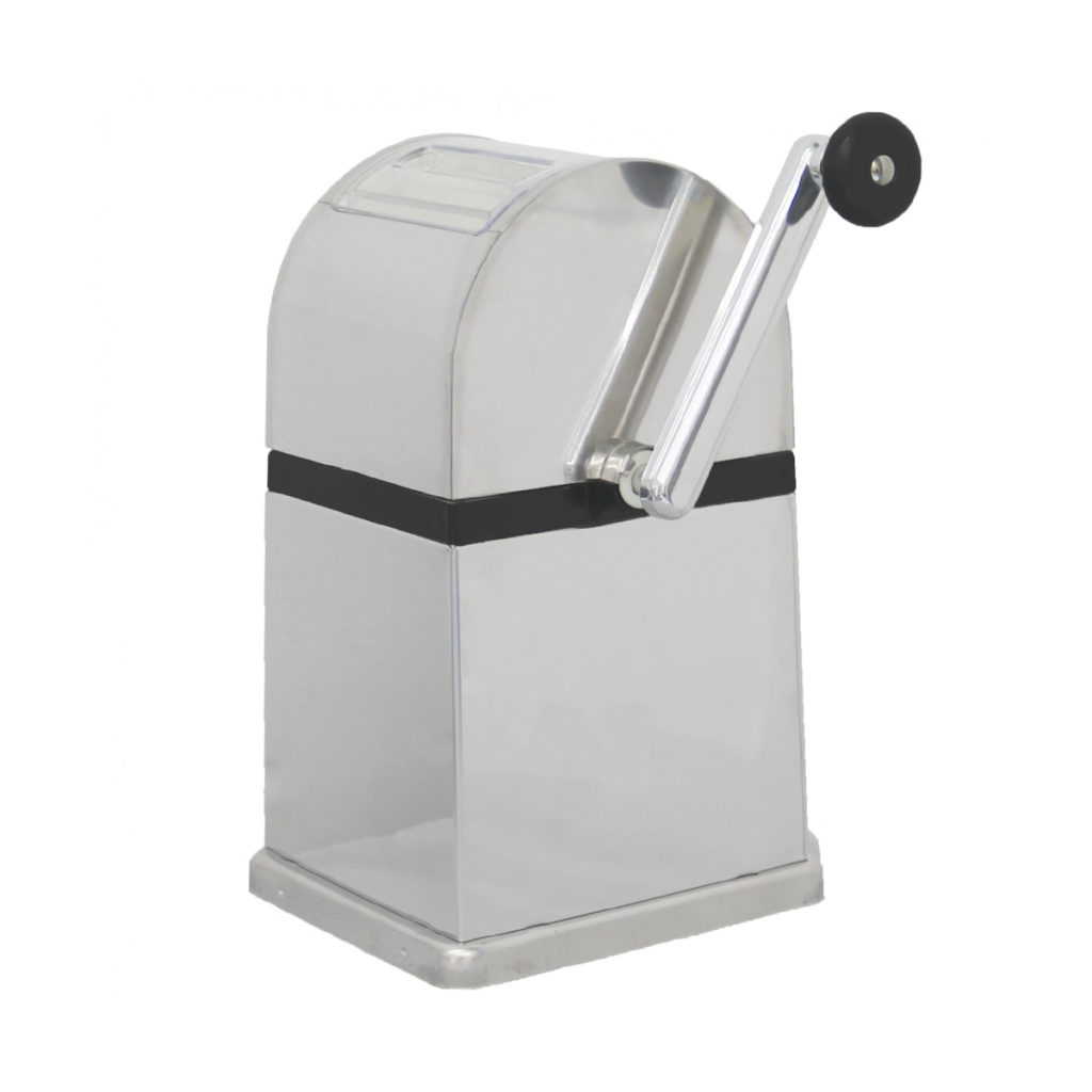 Rear view and handle of the manual ice crusher.