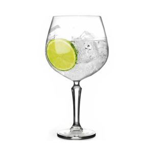 Libbey's SPKSY balloon wine glass filled with gin and tonic.