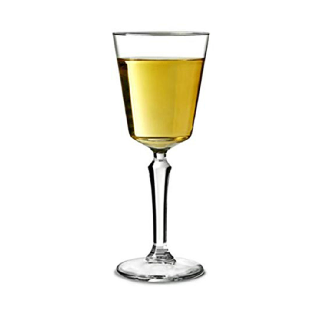 The SPKSY wine glass by Libbey filled with white wine.