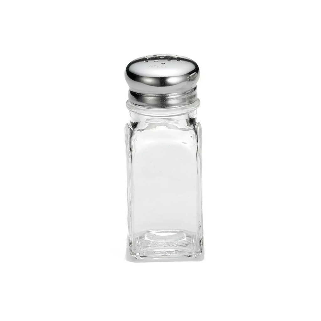 Filled glass salt and pepper shaker.