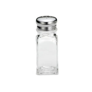 Filled glass salt and pepper shaker.