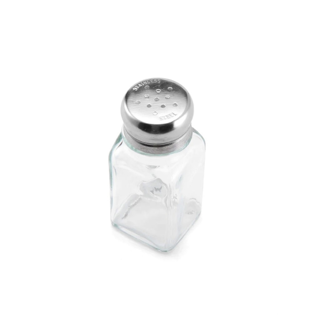 Top view of a glass salt and pepper shaker.
