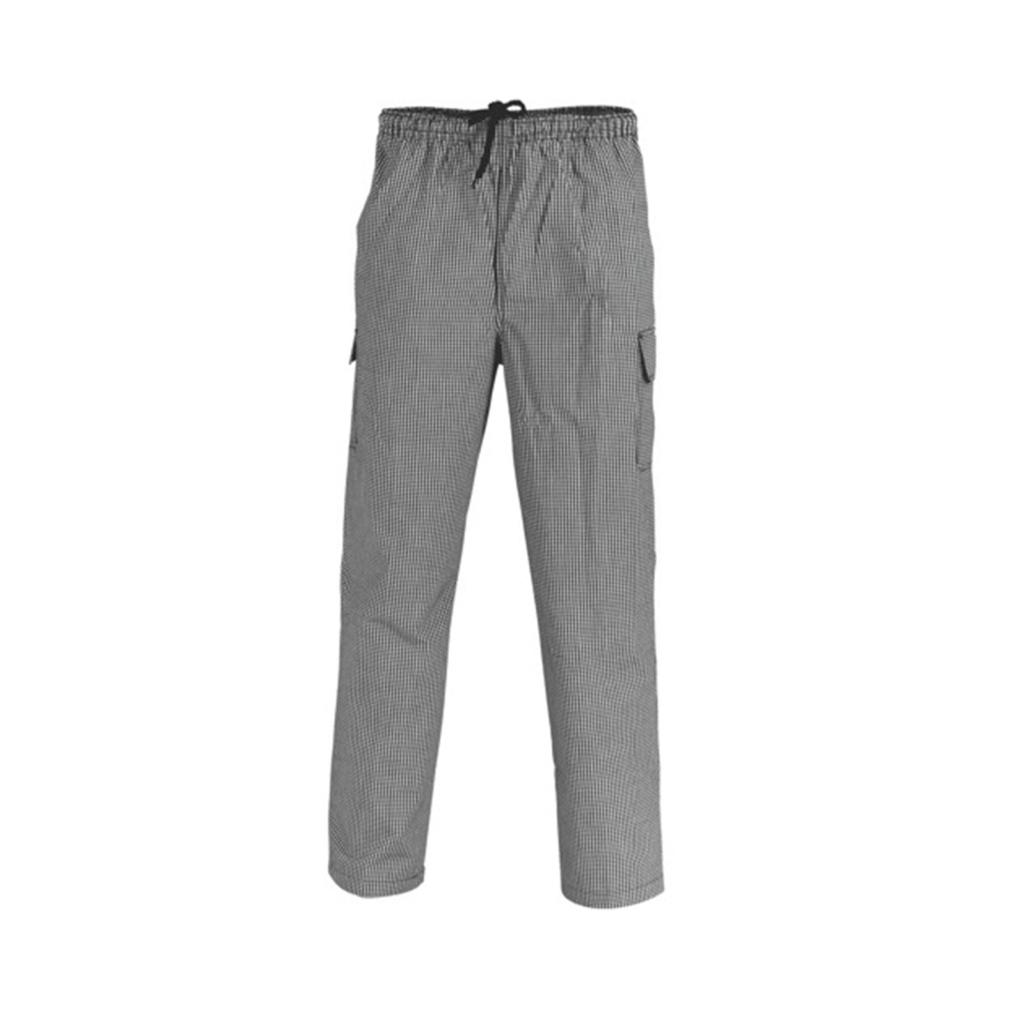 A pair of black and white check chef baggies.