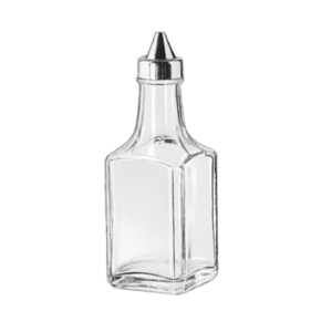 An empty olive oil and vinegar bottle.