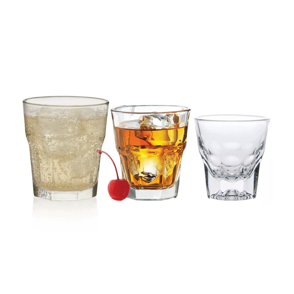 3 filled Gibraltar whiskey glasses.