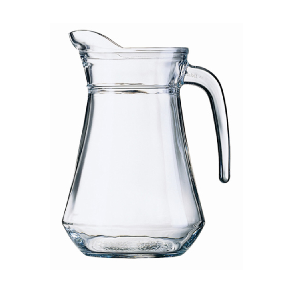 A clear glass water jug.