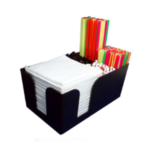 Black bar organiser with serviettes and straws.