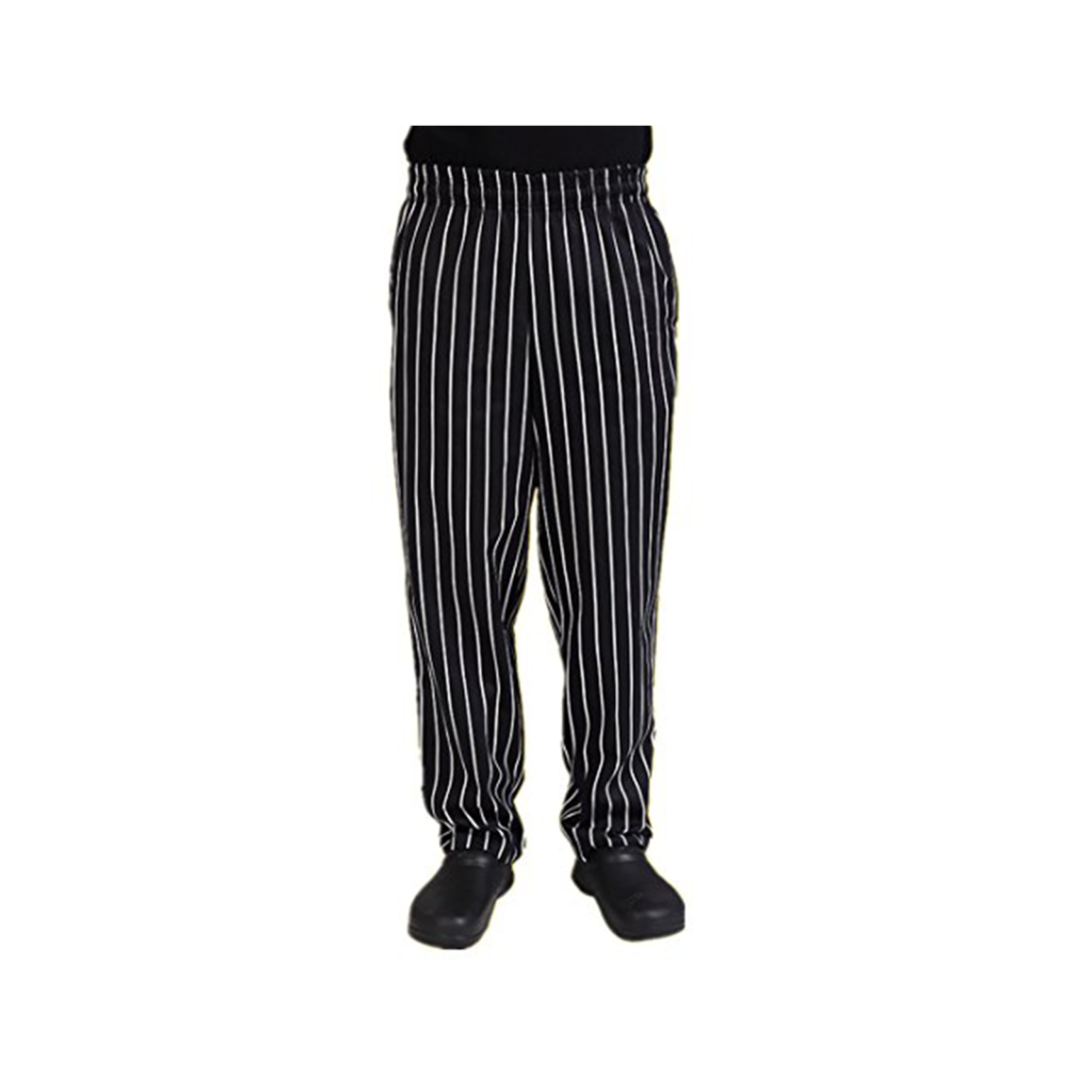 A pair of black pinstripe chef baggies.