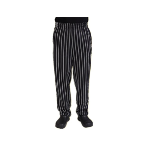 A pair of black pinstripe chef baggies.