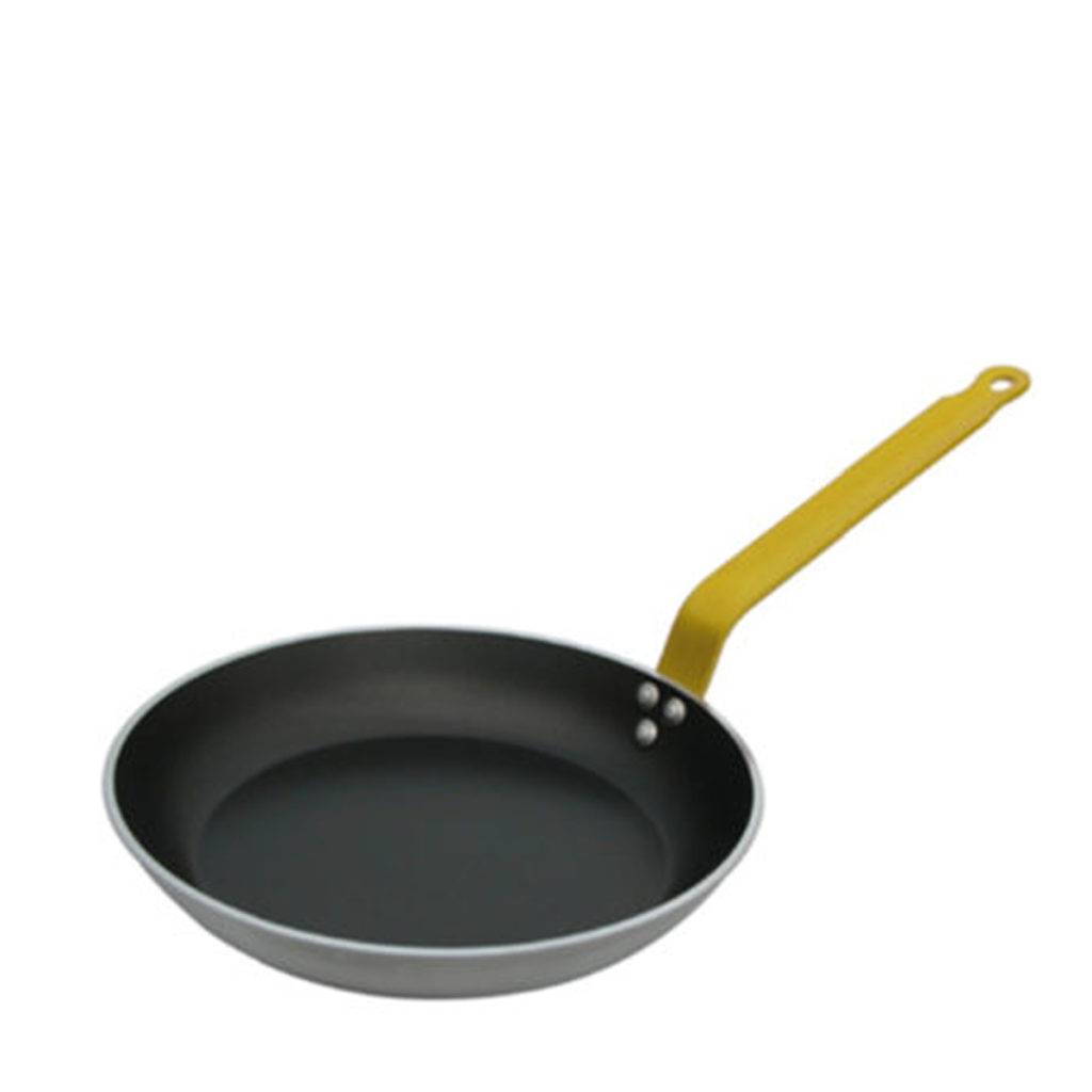 A non-stick aluminium frying pan with a yellow handle.