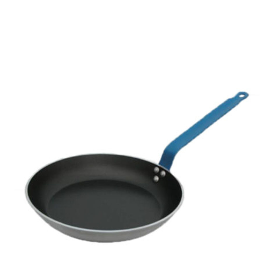 A non-stick aluminium frying pan with a blue handle