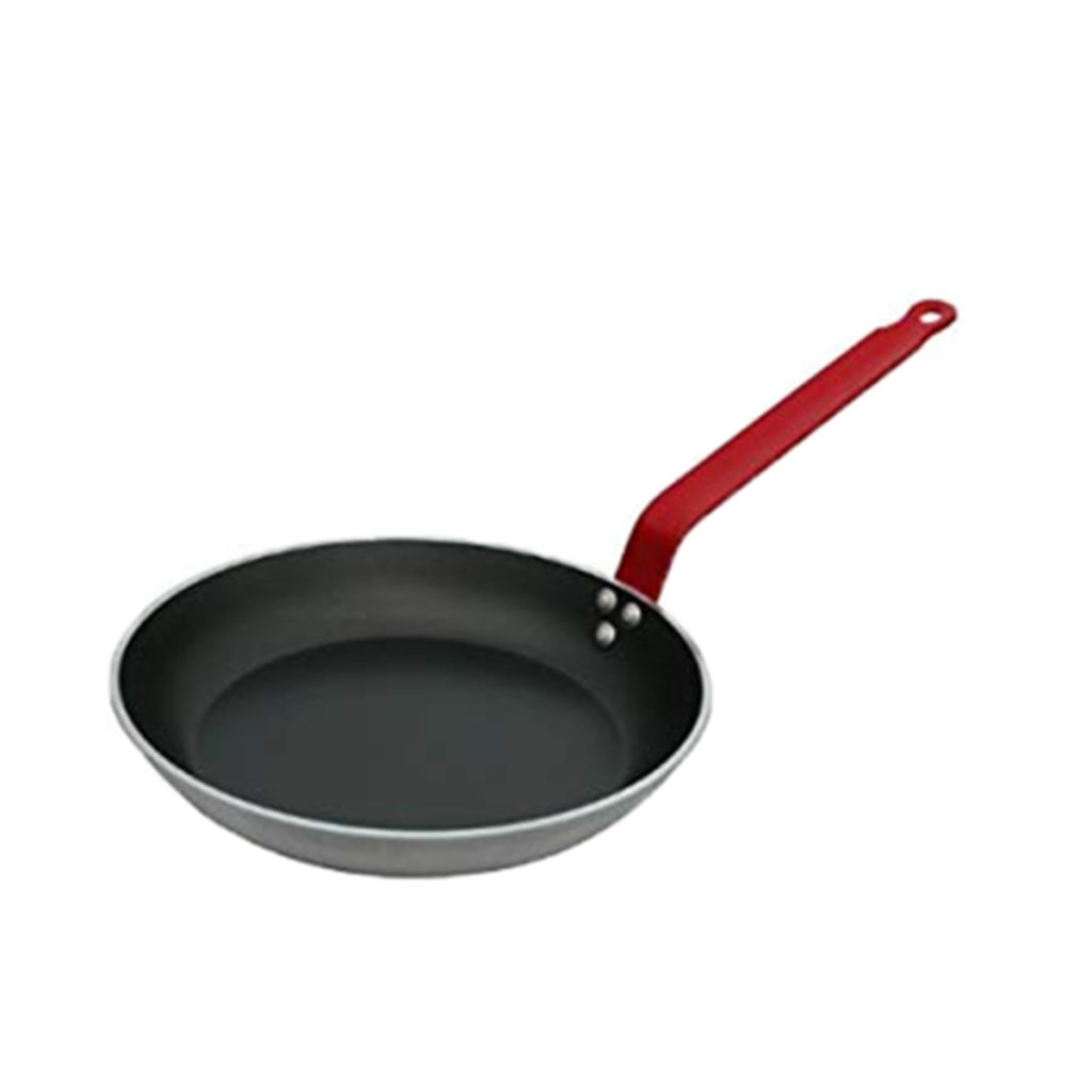 A non-stick aluminium frying pan with a red handle.
