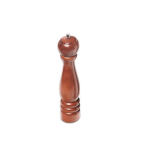 A medium sized wood pepper grinder.