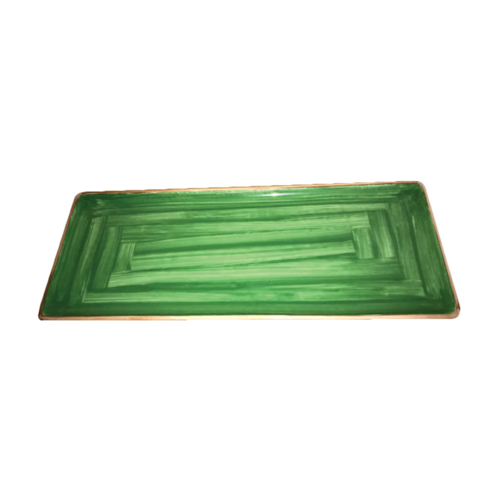 A green hand-painted buffet tray by Porcelaine de Saronno.