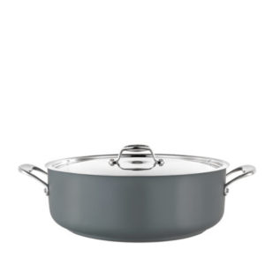 A low casserole pot in grey.