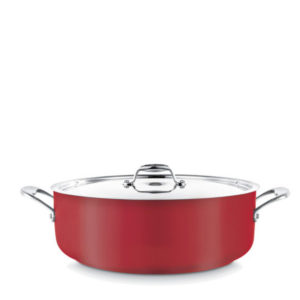 A low casserole pot in red.