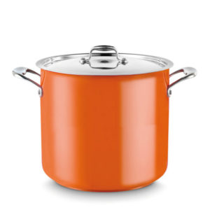 A stock pot in orange.