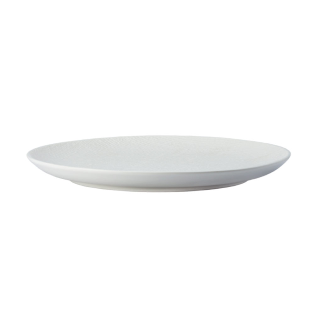 Side view of Luzerne's Knit round coupe plate 230mm in white.