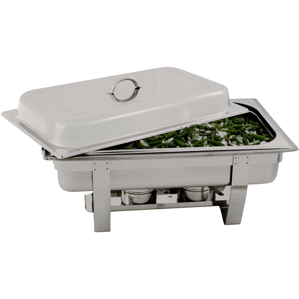 The rectangular polished stainless steel chafing dish by Global.