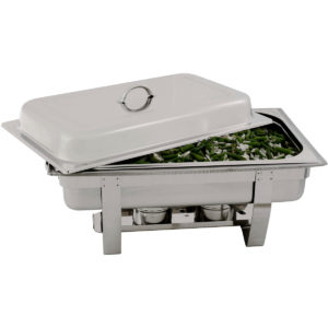 The rectangular polished stainless steel chafing dish by Global.