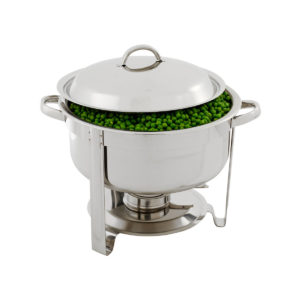 A round polished stainless steel chafing dish by Global.