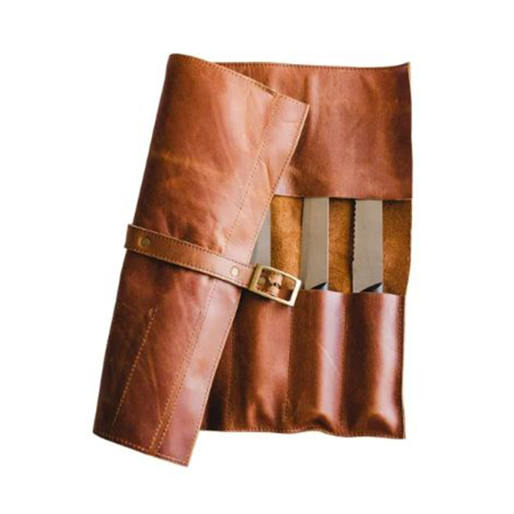 Semi rolled out leather knife bag showing safety buckle.