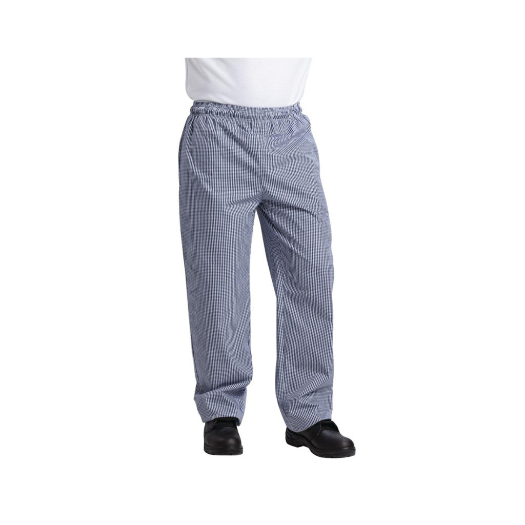 A pair of blue check chef trousers