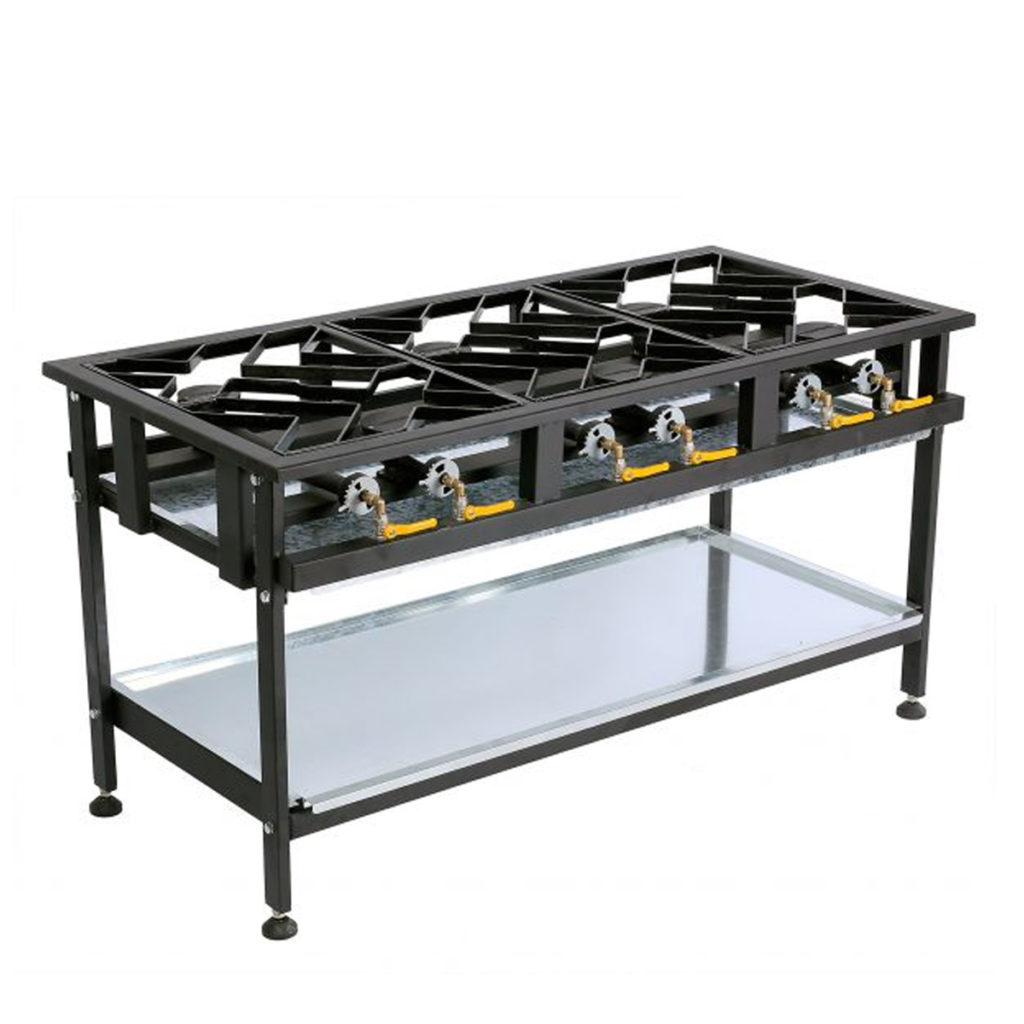 The gas boiling table with 6 staggered burners.