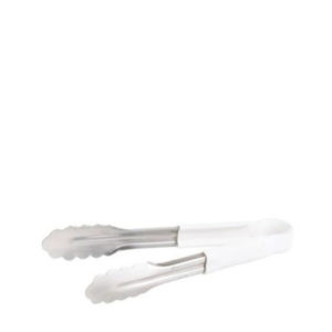 A pair of utility tongs with white handles.