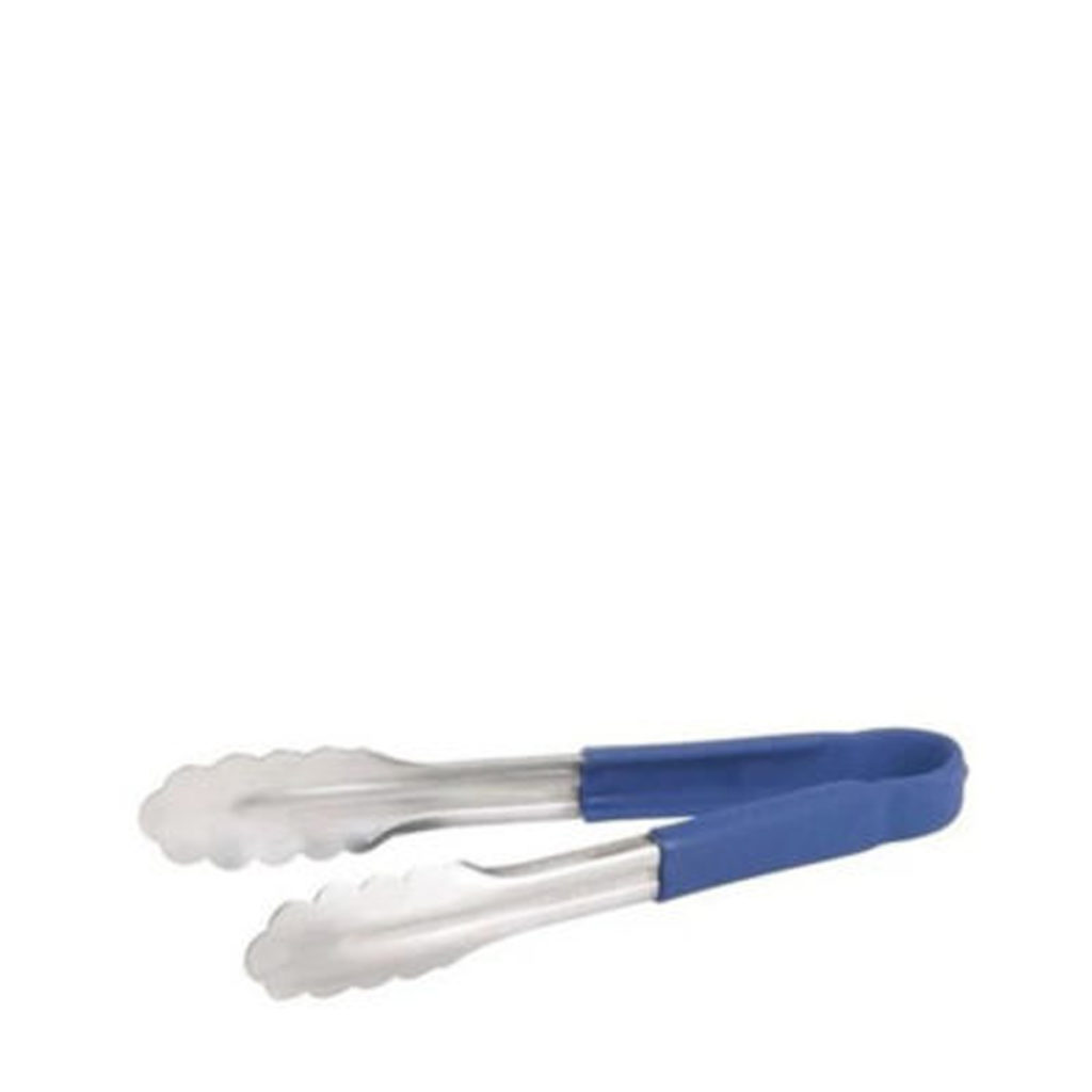 A pair of utility tongs with blue handles.