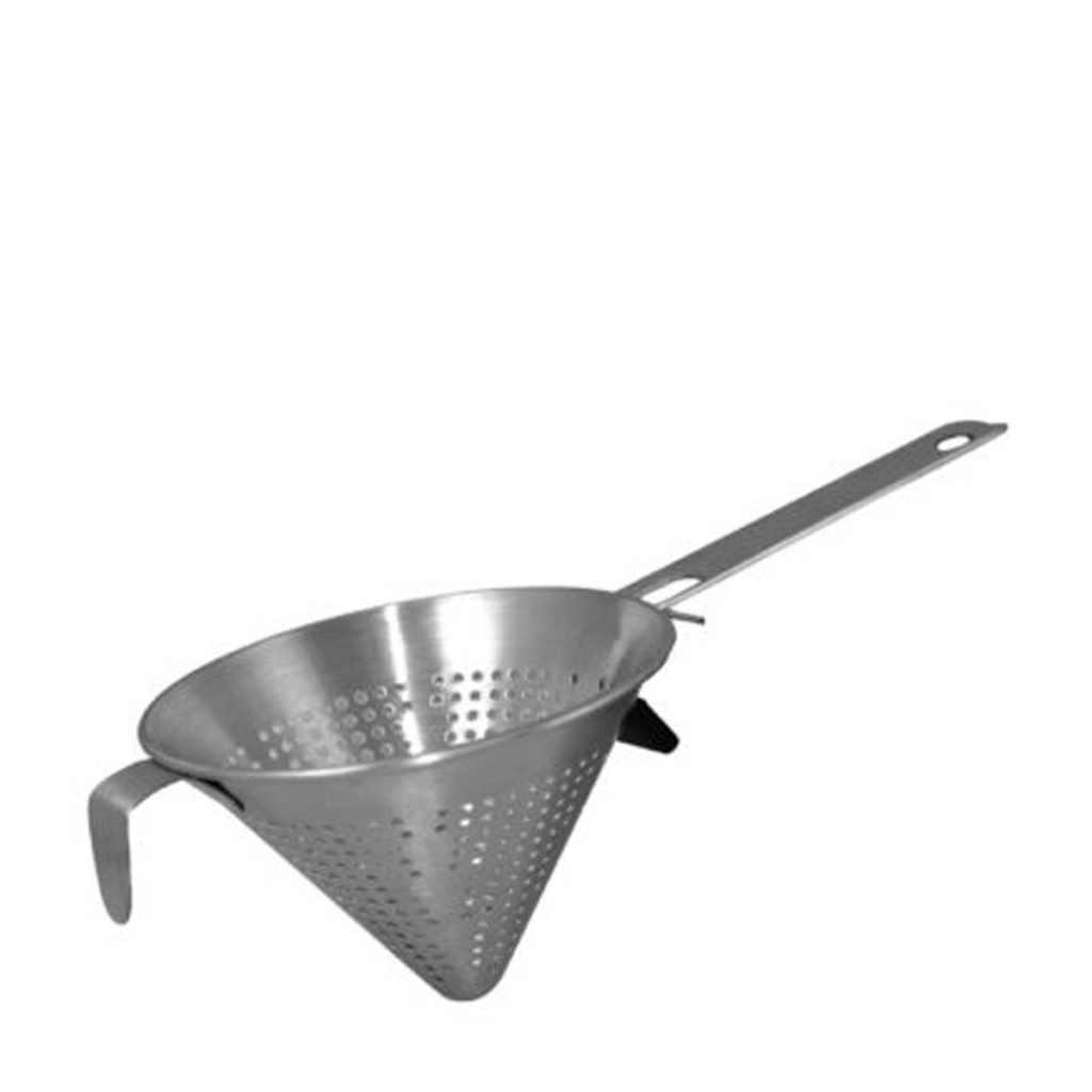 A conical stainless steel strainer.