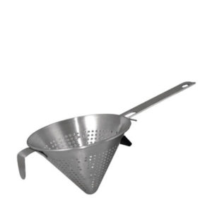 A conical stainless steel strainer.
