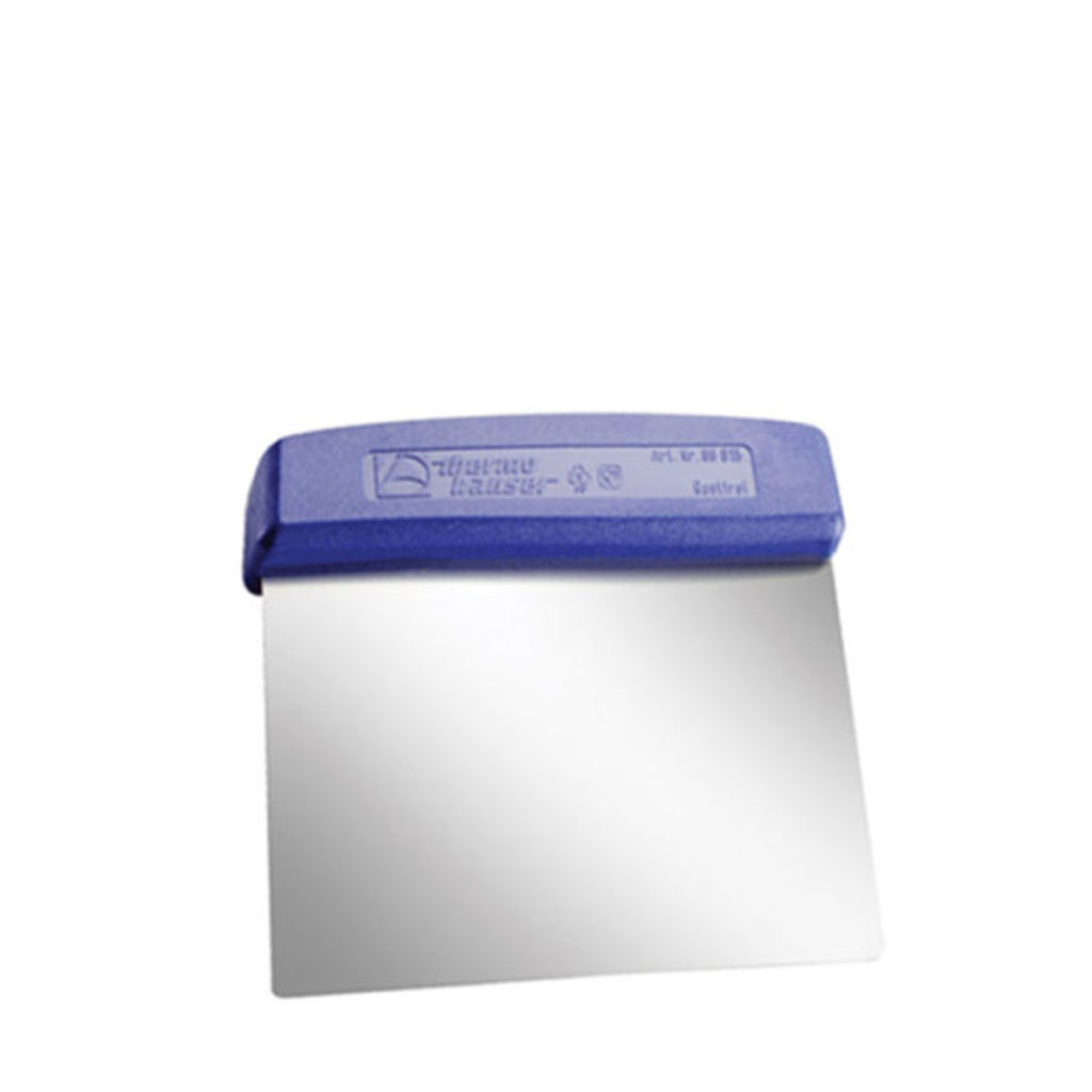 A dough cutter with a plastic handle.