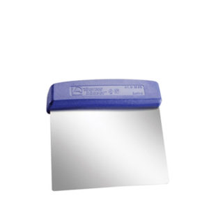 A dough cutter with a plastic handle.