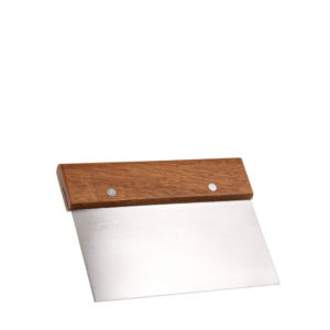 A dough cutter with a wooden handle.